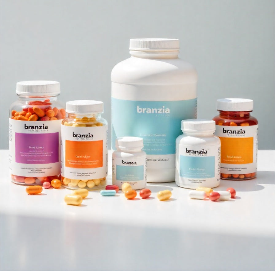 Multiple bottles of vitamins.