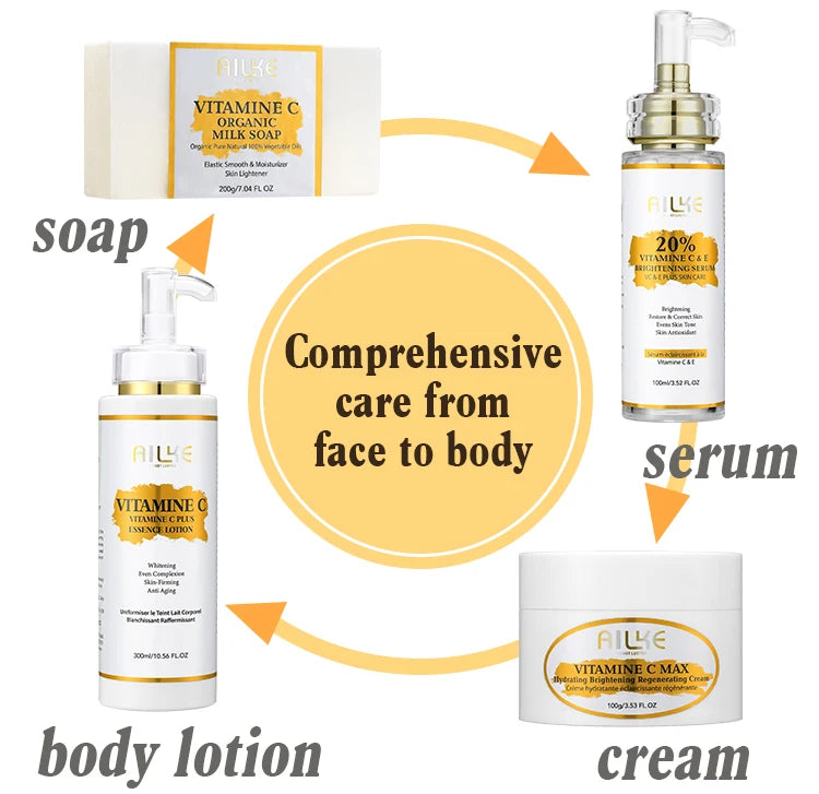 AILKE Vitamin C Skin Care Set, with Lightening Body Lotion, Even Skin Tone Face Cream, Whitening Serum, Brightening Soap
