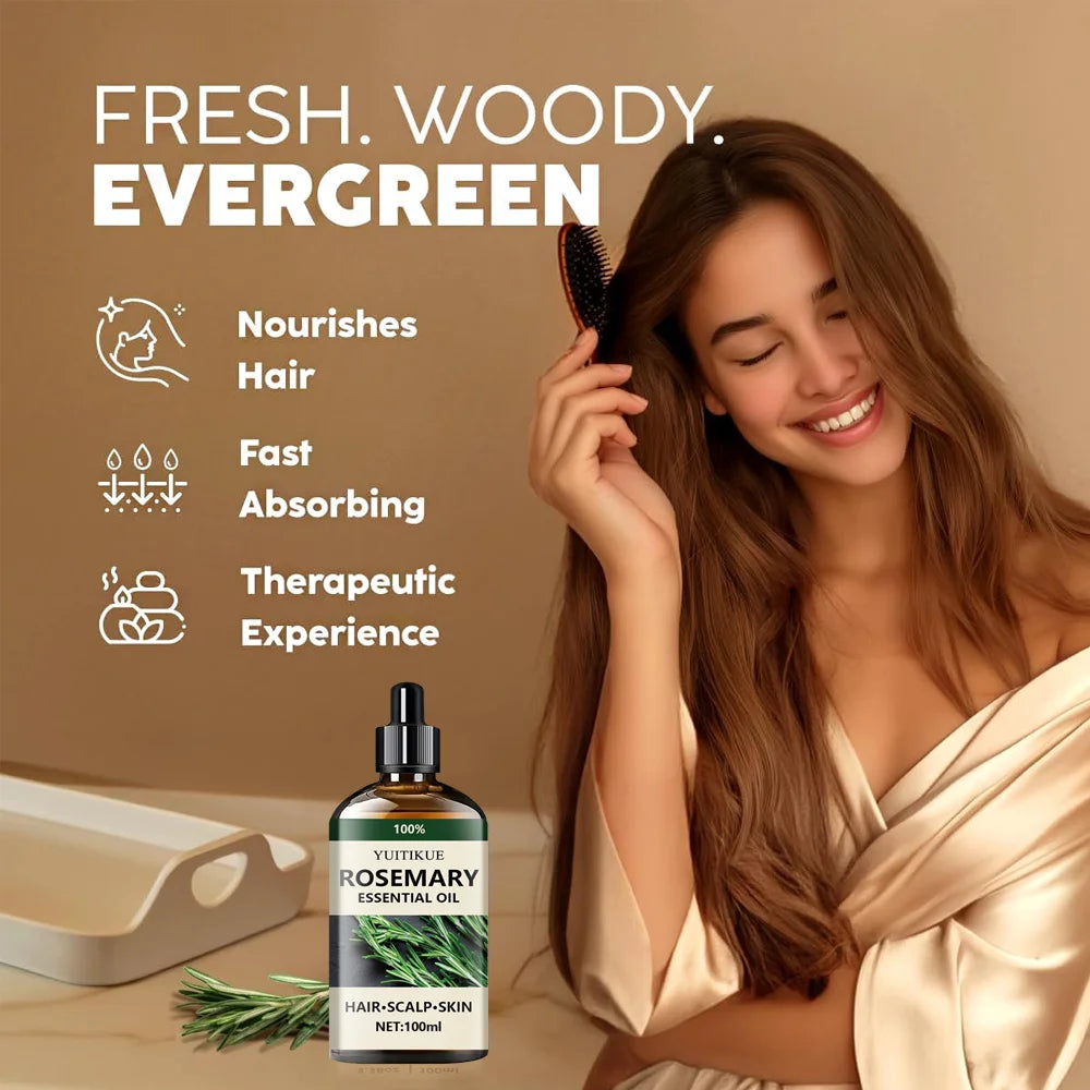 100% pure rosemary essential oil, suitable for hair, scalp, and skin, natural aromatherapy oil, nourishing and revitalizing.