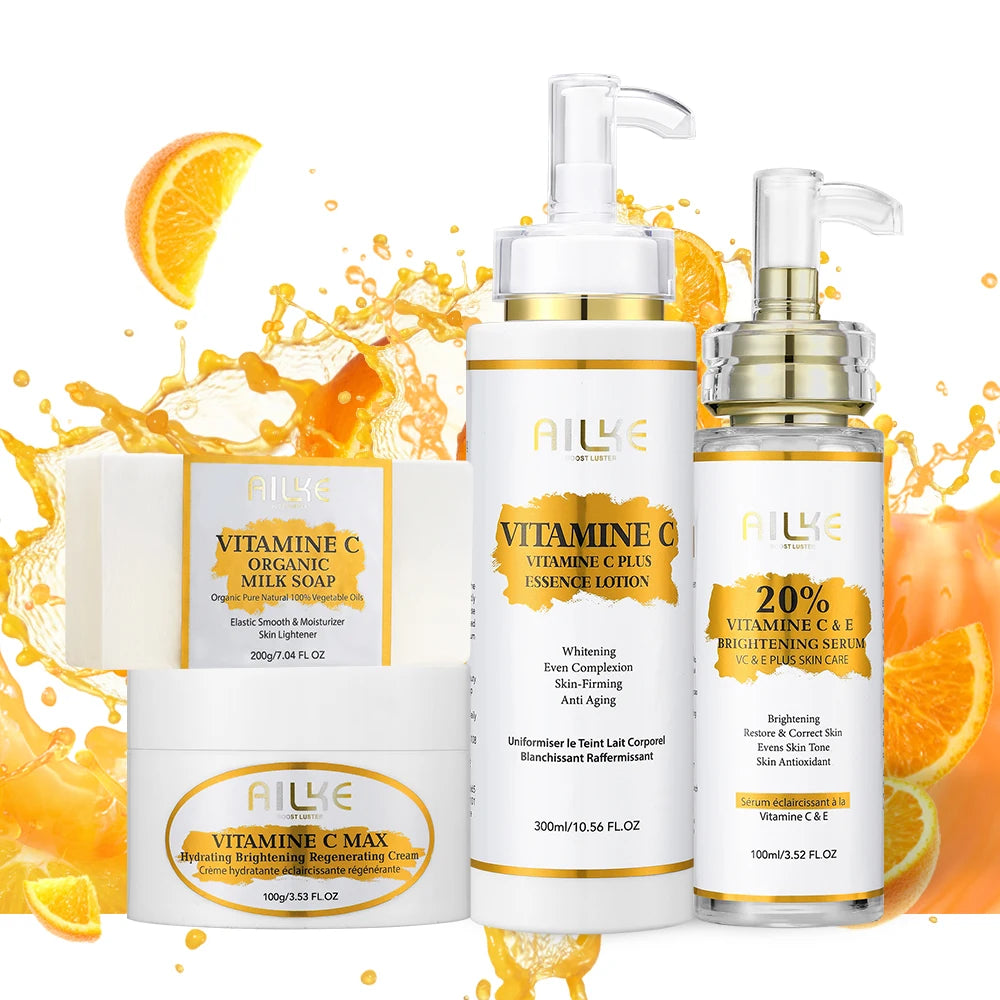 AILKE Vitamin C Skin Care Set, with Lightening Body Lotion, Even Skin Tone Face Cream, Whitening Serum, Brightening Soap