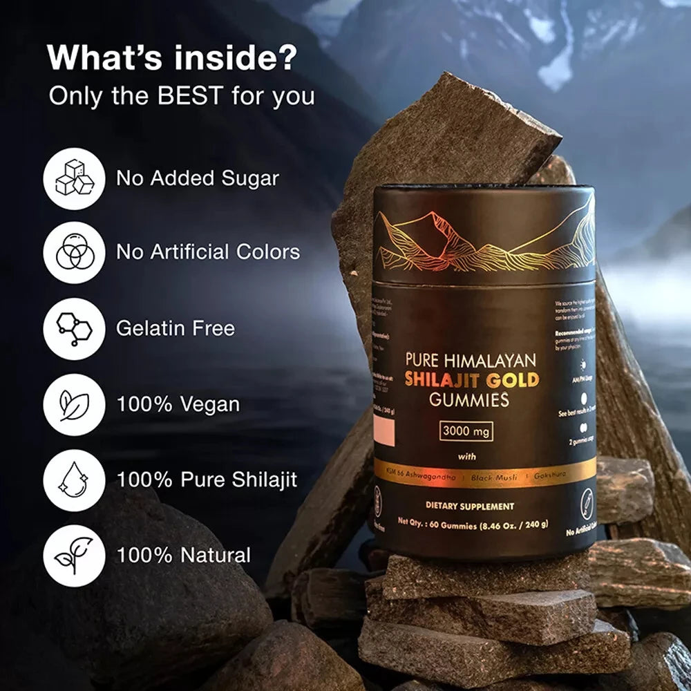 Pure Himalayan Shilajit Gummies, 3000 Mg Gold Grade Shilajit with Ashwagandha, Gokshura