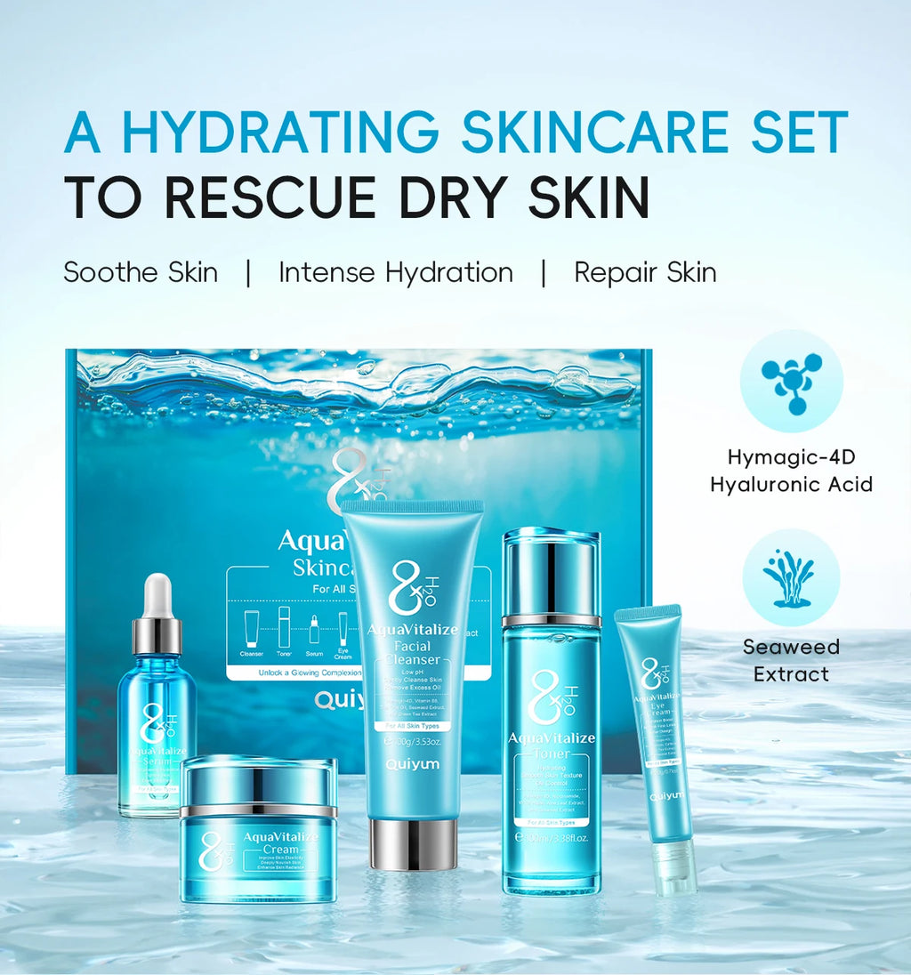 QUIYUM 8X H₂O AquaVitalize Skincare Set 5PCS Deep Hydration Kit Wrinkle Smoothing Tightening Treatment Gift Set