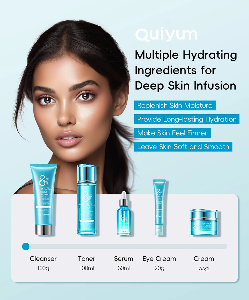 QUIYUM 8X H₂O AquaVitalize Skincare Set 5PCS Deep Hydration Kit Wrinkle Smoothing Tightening Treatment Gift Set
