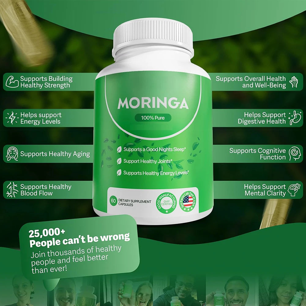 Moringa Capsules Pure Moringa Powder Green Superfood Supplement Supports Good Nights Sleep, Joints & Energy Levels, 60 Capsules
