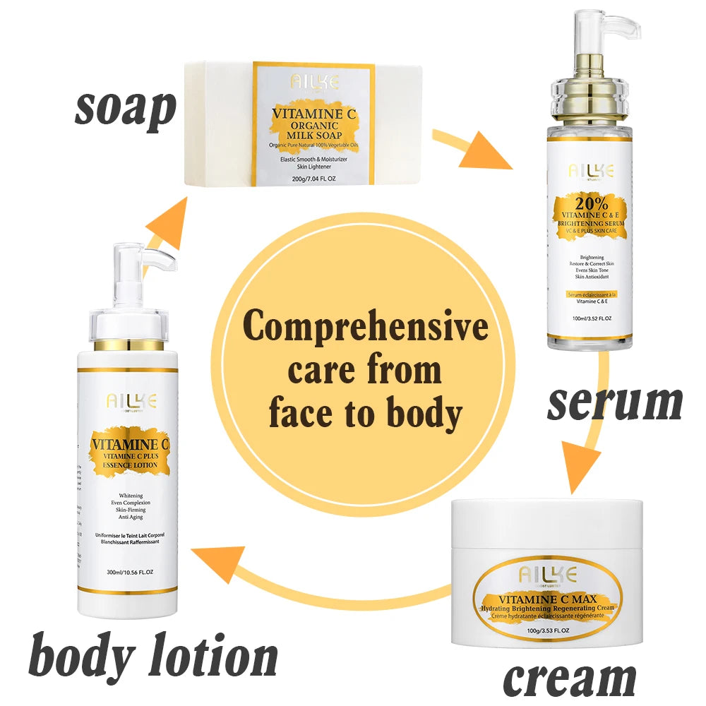 AILKE Vitamin C Skin Care Set, with Lightening Body Lotion, Even Skin Tone Face Cream, Whitening Serum, Brightening Soap