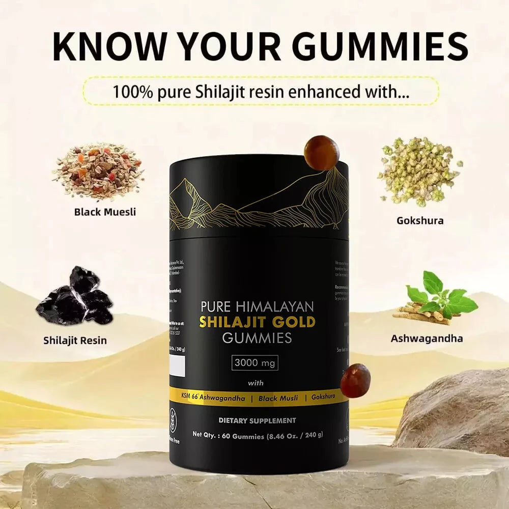 Pure Himalayan Shilajit Gummies, 3000 Mg Gold Grade Shilajit with Ashwagandha, Gokshura